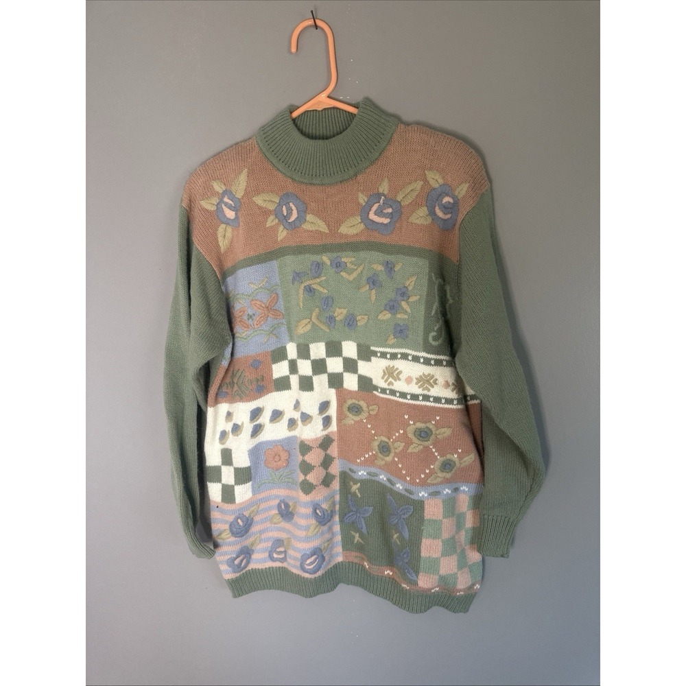 Vintage Sweater Womens L Patchwork Floral CottageCore GrannyCore Pastel Long Slv